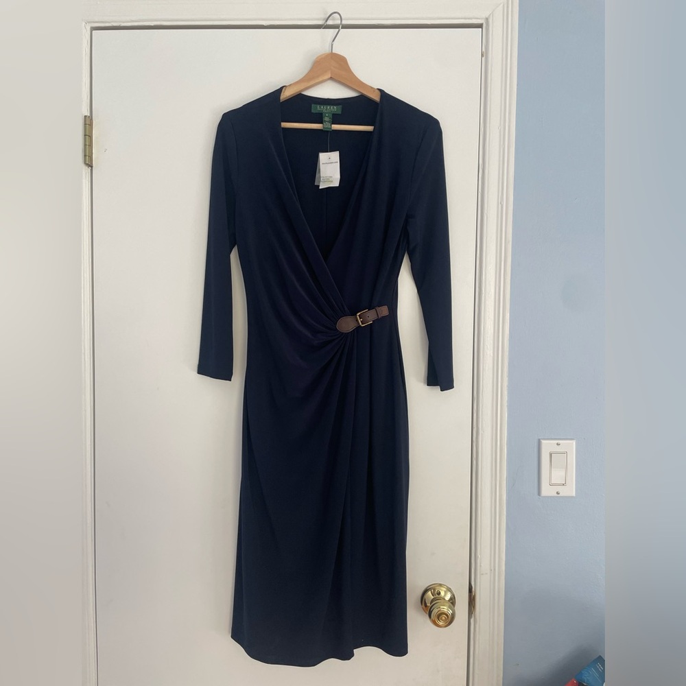Ralph Lauren Dress Size 6 Navy Blue Side Scrunch Long Elegant Business Dress